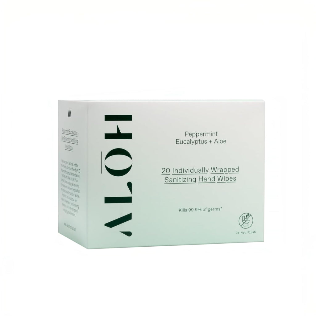 ALŌH Skin - Softening Sanitizing Hand Wipes – Peppermint + Eucalyptus Aloe (1 Box of 20 Individually Wrapped Wipes)