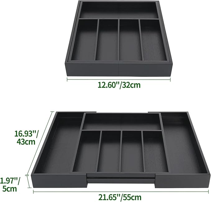 VaeFae Premium Bamboo Drawer Organizer, Expandable Silverware Drawer Organizer, Cutlery Tray with Dividers for Kitchen Utensils (Black, Large)