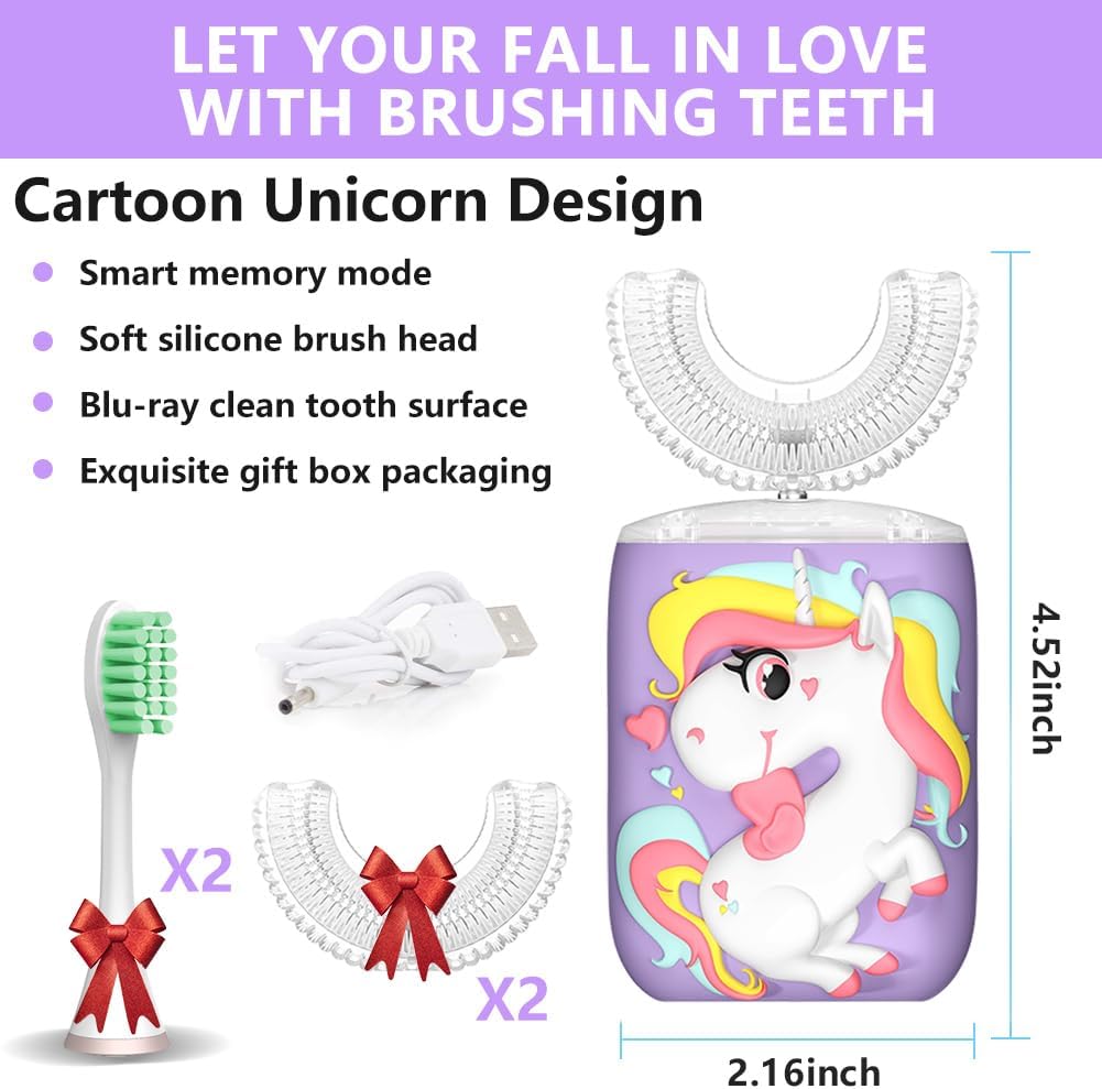 Kids U-Shaped Electric Toothbrush, Sonic Automatic Toothbrush with 4 Brush Heads, 360° Whole Mouth Cleaning Six Modes, Unicorn Design, IPX7 Waterproof, Rechargeable Birthday Gift (Purple, Kids 2-7)