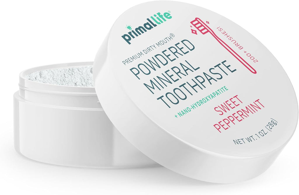 Primal Life Organics - Dirty Mouth Toothpowder, Tooth Cleaning Powder, Flavored Essential Oils with Natural Kaolin & Bentonite Clay, Good for 200+ Brushings, Organic, Vegan (Sweet Peppermint, 1 oz)
