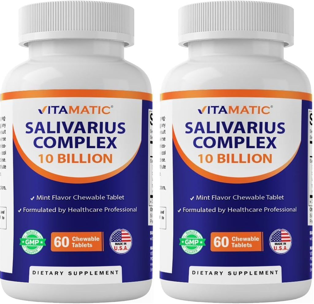 Vitamatic Salivarius Complex 10 Billion Chewable Mint Flavored Tablet - 60 Count - Oral Health Chewable Probiotics + Prebiotics - Supports Healthy Teeth, Gums, & Better Breath (Pack of 2)