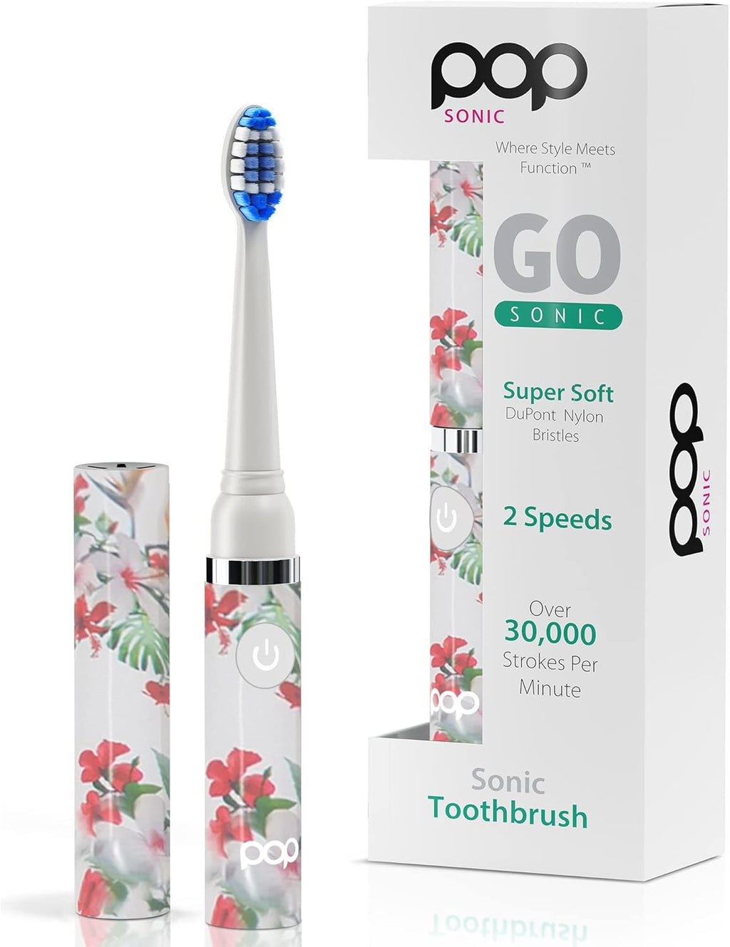 Pop Sonic Electric Toothbrush (White Floral) - Travel Toothbrushes w/AAA Battery | Kids Electric Toothbrushes with 2 Speed & 15,000-30,000 Strokes/Minute, Dupont Nylon Bristles