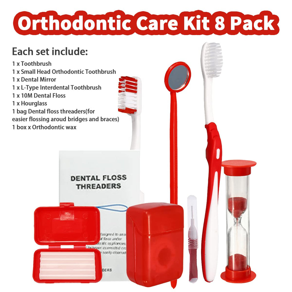 Braces Cleaning Kit for Teeth, Portable Orthodontic Toothbrush Kit Oral Care Dental Travel Kit - Interdental Brush Dental Wax Dental Floss Toothbrush Box (Red)