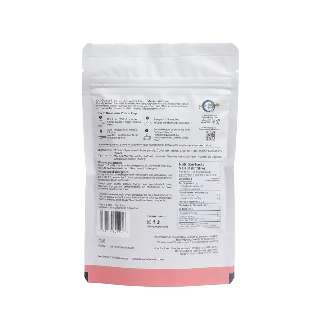 Blue Pepper Mint Tea Infusion | Refreshing Mint Blend with Rose Petals, Coriander, Licorice Root & Amla | Caffeine-Free Natural Beverage