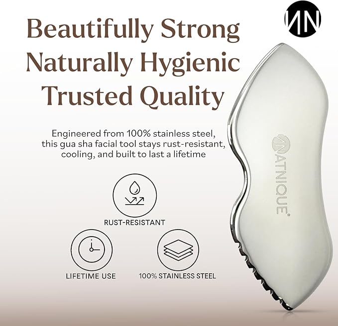 Natnique Stainless Steel Gua Sha Tool – Face & Neck Sculpting Massager for Lymphatic Drainage, Puffiness & Jawline Contour – Anti-Aging Facial Tool for Wrinkles, Firming, Relaxation & Cooling Relief