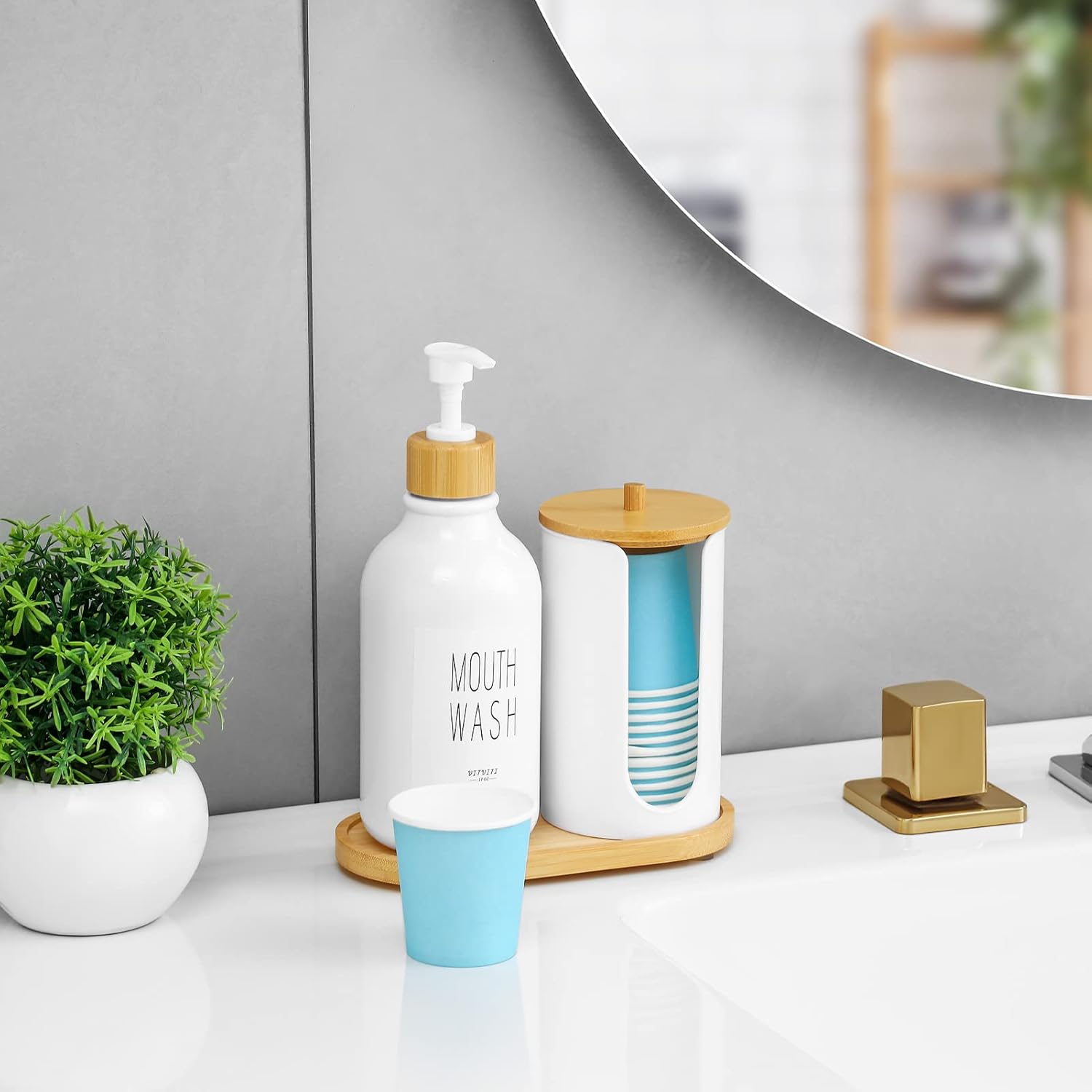 VITVITI Mouthwash Dispenser for Bathroom, Mouth Wash Pump Bottle with Paper Cup Holder, 17Oz Refillable White Mouthwash Container with Bamboo Lid/Tray/Label