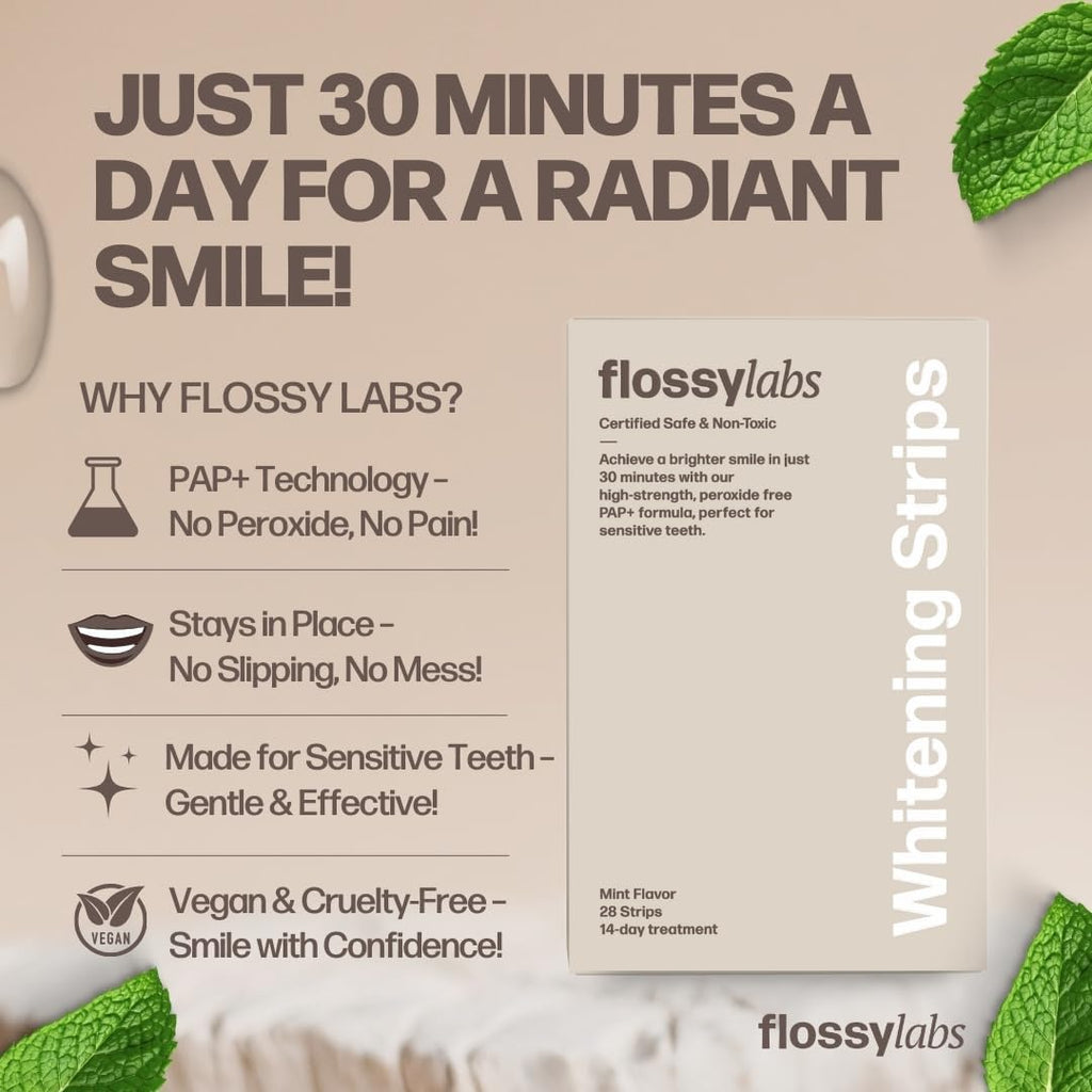 Flossy Labs Pap+ Teeth Whitening Strips, Peroxide Free, Enamel Safe, High Strength, Non Slip, 14 Day Treatment for Sensitive Teeth, Removes Stains from Coffee, Wine, and Tea, Professional Results.