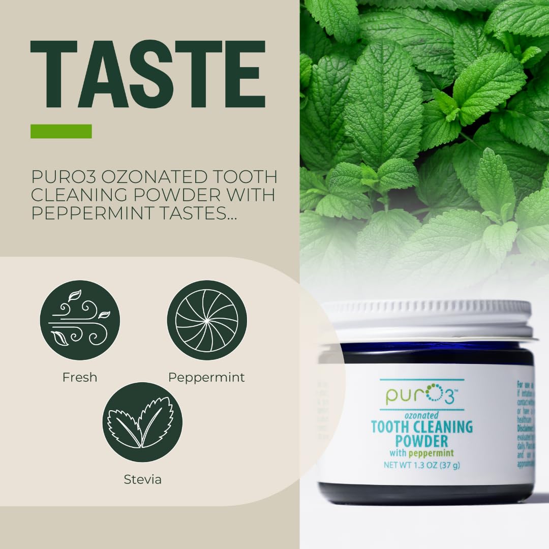 PurO3 Ozonated Toothpaste Powder – Fluoride Free Organic Remineralizing Tooth & Gum Cleaning – Natural Teeth Whitening & Plaque Remover – Ozone Infused Coconut Oil Dental Care with Peppermint, 37g