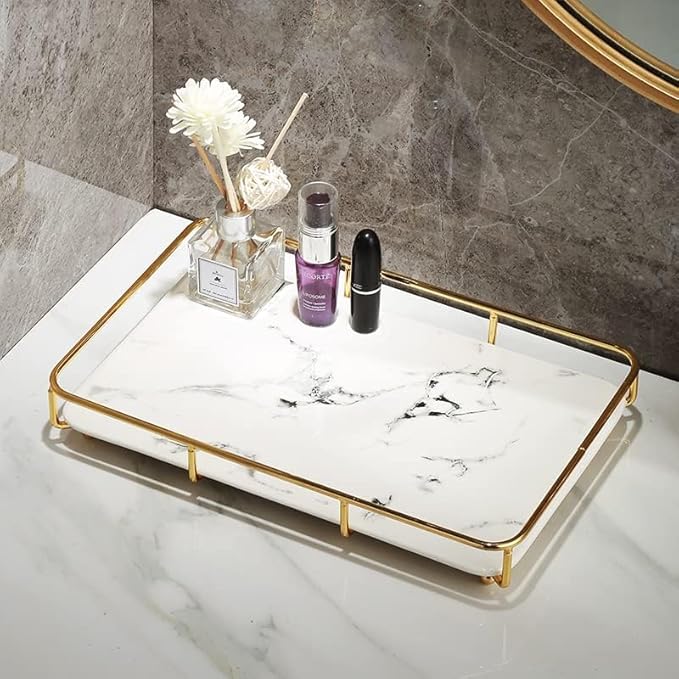 Vanity Tray Makeup Organizer Cosmetics Storage Bathroom Skincare Organizer Countertop Display Rack in Dresser Stainless Steel Shelf Marble Print Ceramic Trays