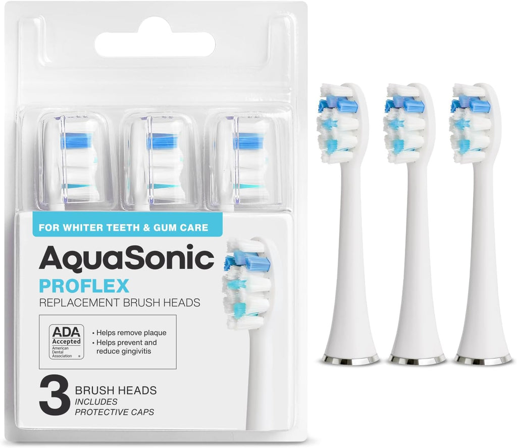 AquaSonic Proflex Replacement Brush Heads | ADA Accepted | for Whiter Teeth & Gum Care | Compatible with Many AquaSonic Toothbrush Handles (3 Pack White)