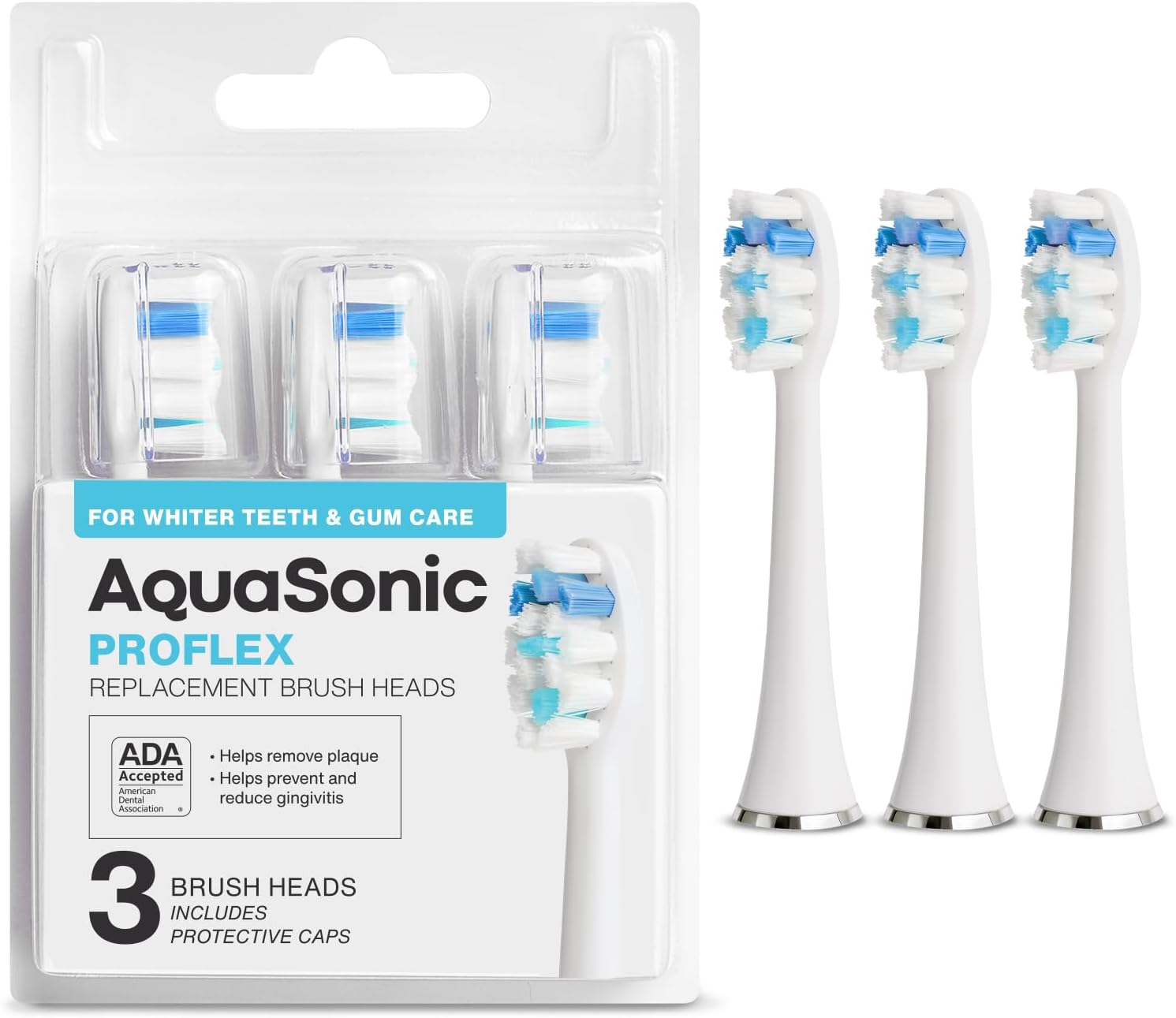 AquaSonic Proflex Replacement Brush Heads | ADA Accepted | for Whiter Teeth & Gum Care | Compatible with Many AquaSonic Toothbrush Handles (3 Pack White)