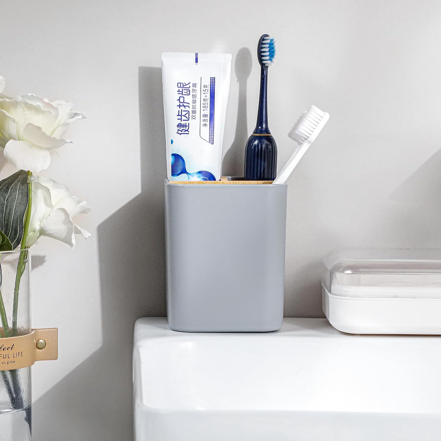 Bamboo Toothbrush Holder for Bathrooms, 3 Slots Toothbrush and Toothpaste Holder Bathroom Counter Organizer for Electric Toothbrushes, Floss, Razors - Gray