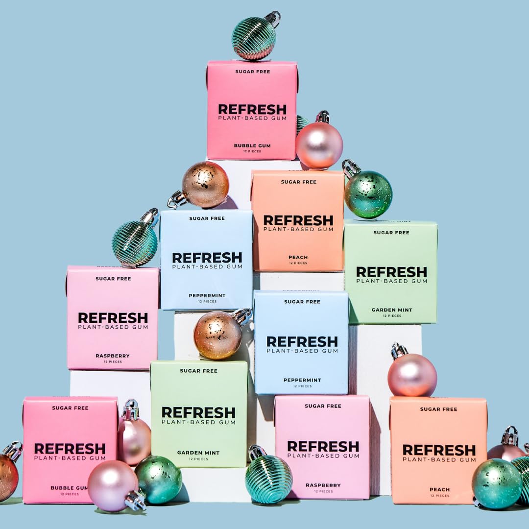 Refresh Gum, Xylitol, Natural, Sugar Free, Plastic Free, Natural Flavors & Organic Ingredients, Plant-Based, Low Calorie, Non GMO, Gluten Free, Vegan, Peppermint, 12 Pcs, 12 Pck