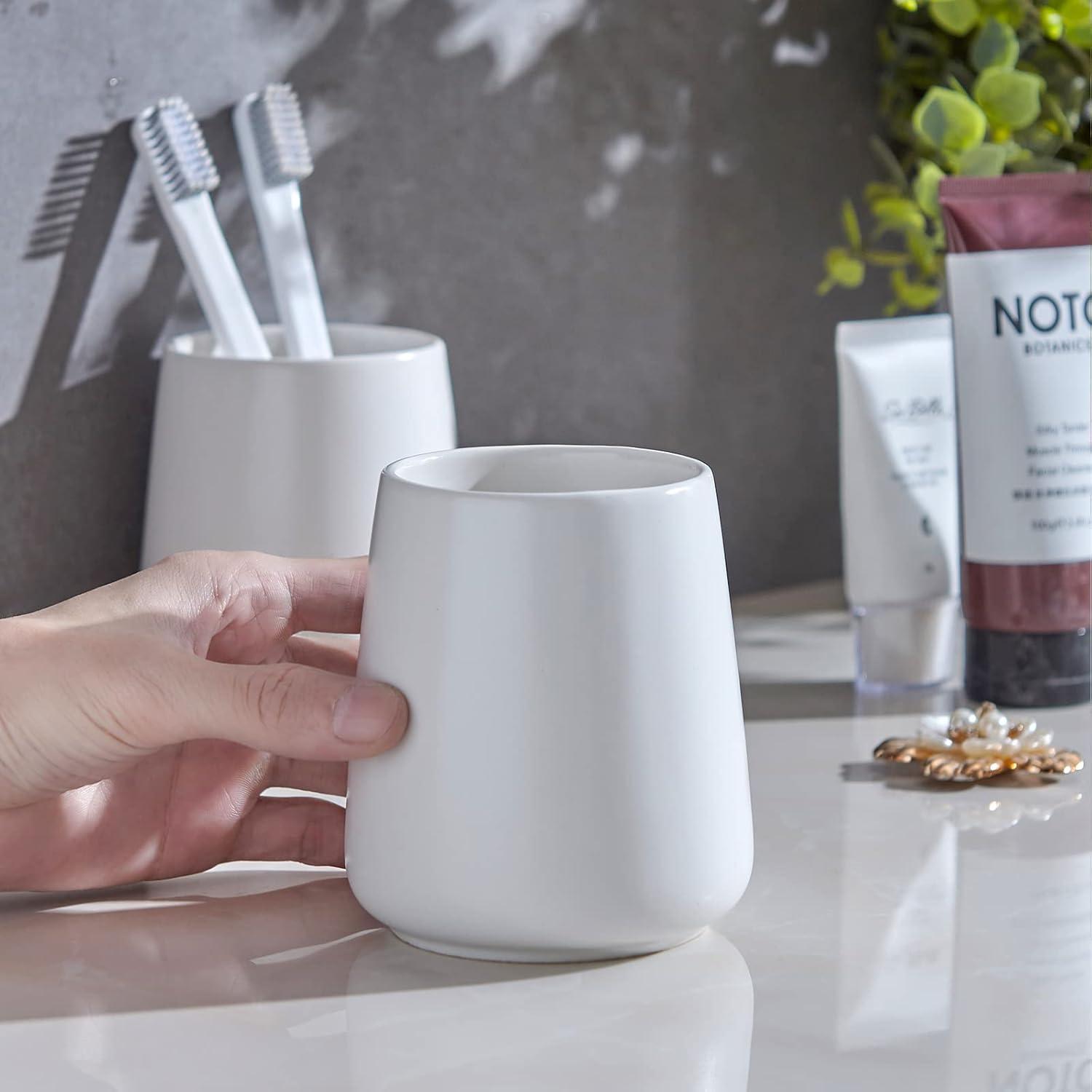 White Toothbrush Holder for Bathroom - 2Pcs Ceramic Tooth Brushing Holders Set, Toothbrush Cup & Toothpaste Organizer for Bathroom Countertop, Makeup Brush Holder, Pen Holder for Home Desktop Storage