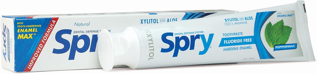 Spry Natural Xylitol Toothpaste 5oz for Adults and Kids - Fluoride Free, Gentle for Sensitive Teeth Whitening and Remineralizing, Breath Freshening, Mouth Moisturizing, Peppermint (Pack of 1)