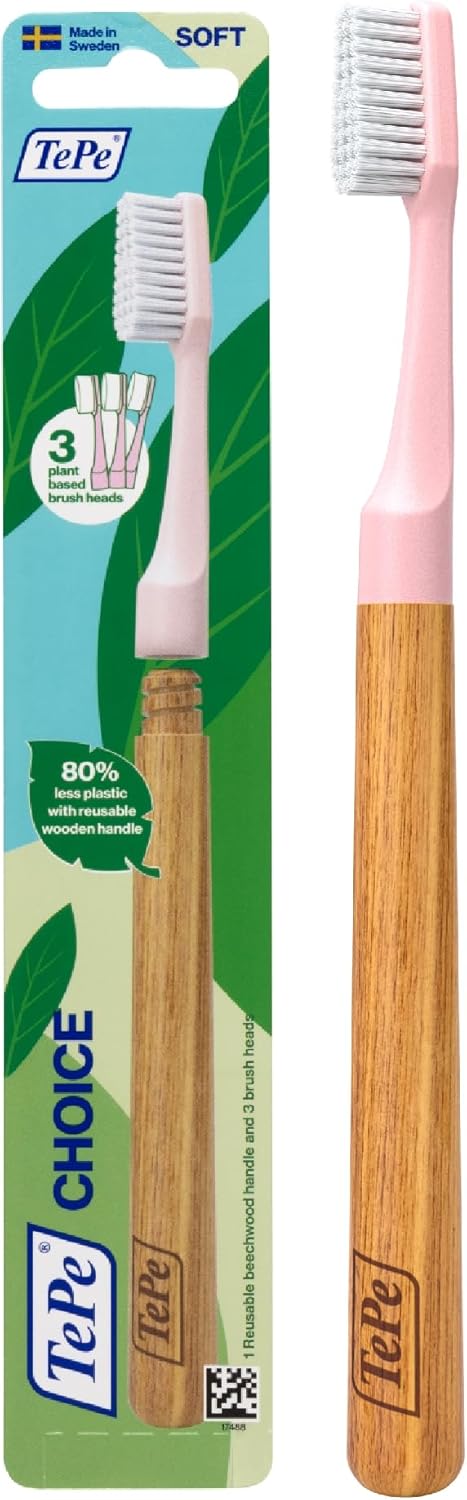 TePe Choice Toothbrush, Soft, Pink, 1pc Wooden Handle 3pcs Brush Heads, Soft Bristle Toothbrush, Good for Teeth Cleaning and Plaque Removal