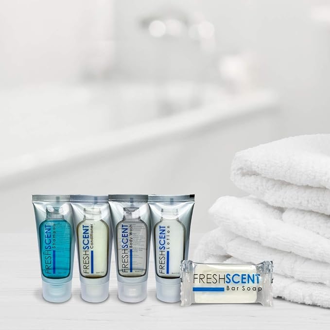 Freshscent Hotel Collection 250 Piece Set. Travel Size Amenities Bulk Toiletries Kit of 50 Each 1oz tubes Shampoo, Conditioner, Body Wash and Lotion. 50 Bars 1oz Soap