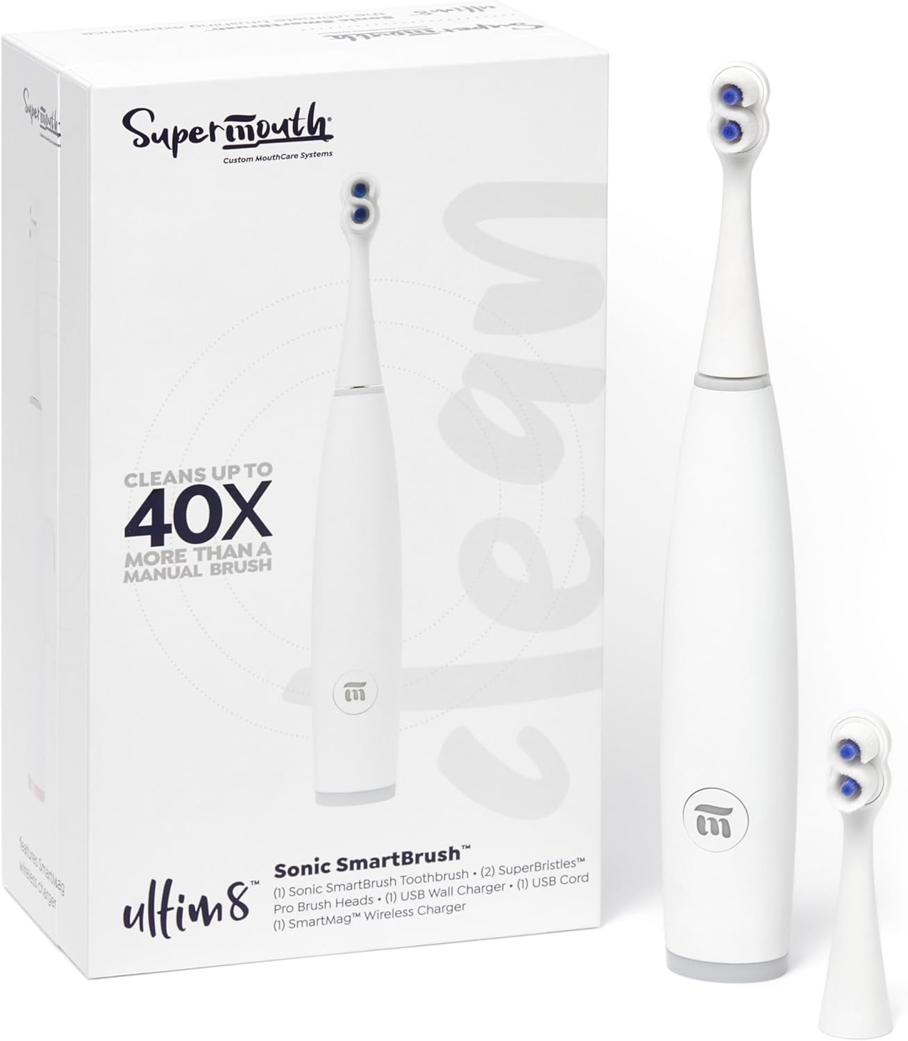SuperMouth® ULTIM8 SmartBrush™ Electric Toothbrush - Patented SuperBristles® Clean Teeth 40X Better, Dual Sonic Modes, Pressure Sensor, Stunning Design - Teens & Adults - Pearly White