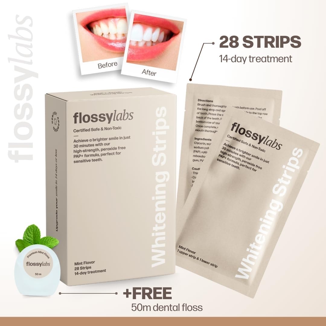 Flossy Labs Pap+ Teeth Whitening Strips, Peroxide Free, Enamel Safe, High Strength, Non Slip, 14 Day Treatment for Sensitive Teeth, Removes Stains from Coffee, Wine, and Tea, Professional Results.