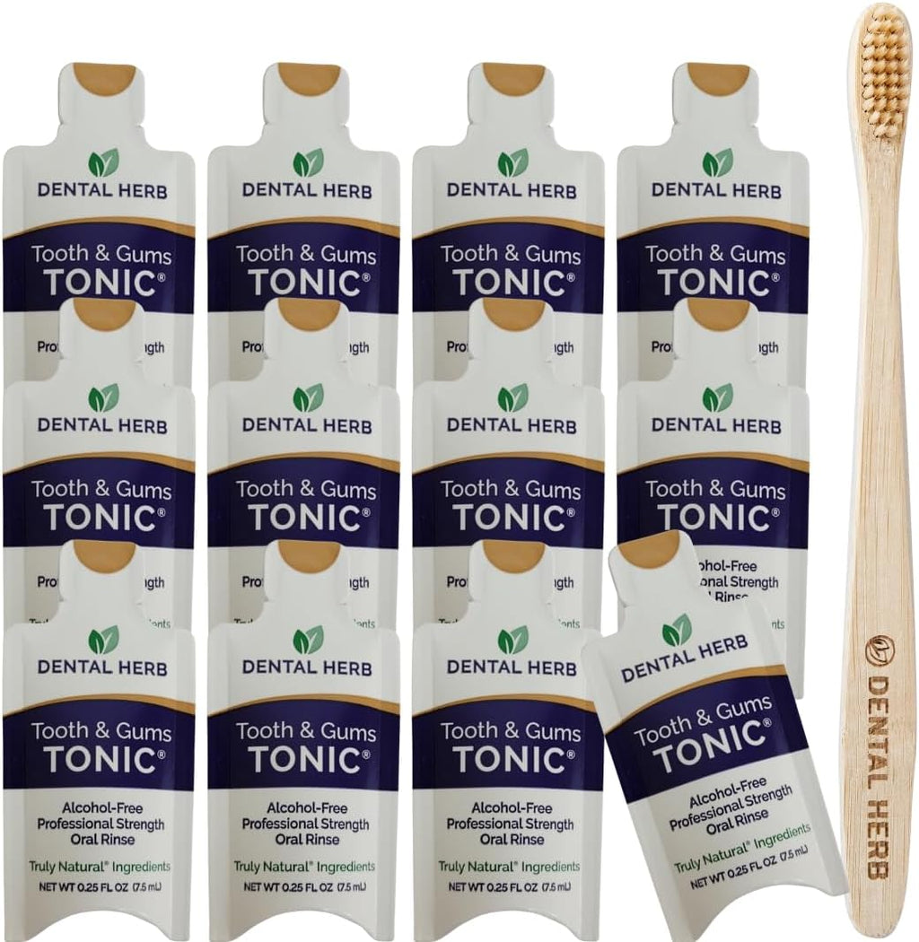Tonic Traveler Mouthwash Minis (12 Pack) + Bamboo Toothbrush – Natural Alcohol-Free Mouthwash for Gum Health & Bad Breath – Dental Herb Company
