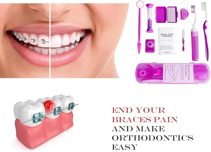 Wenge Portable Orthodontic Oral Care Kit - 2Pack - Travel Kit for Patients, Interdental Brushing Wax Floss Toothbrush Cleaning(Purple & Orange)