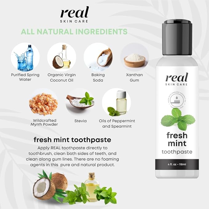 Real Skin Care Coconut Toothpaste | Handmade in The USA | Fresh Mint | All Natural Organic Fluoride Free for Healthy Smiles | Flavored for Adults & Kids With Essential Oils