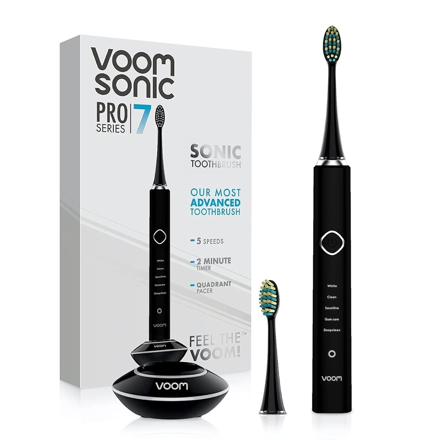 Voom Sonic Pro 7 Rechargeable Electronic Toothbrush + Pro 7 Series Replacement Brush Heads - 2-Minute Timer with Quadrant Pacing & 5 Adjustable Speeds,Soft Dupont Nylon Bristles Oral Care - Black