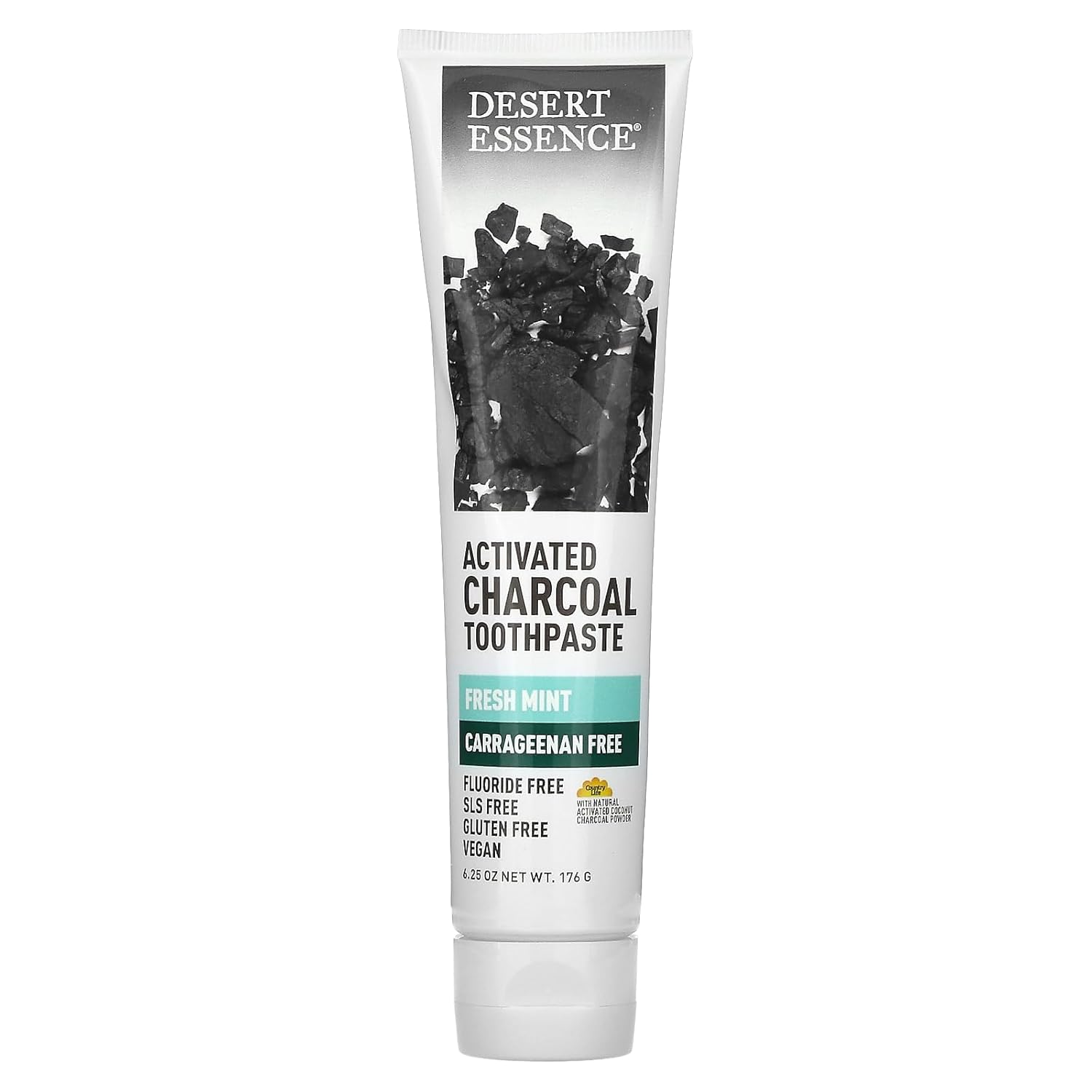 Desert Essence Activated Charcoal Toothpaste - Fluoride and Carrageenan Free - Brighter Teeth and Fresher Breath with Activated Coconut Shell Charcoal, Baking Soda, and Fresh Mint - 6.25 oz