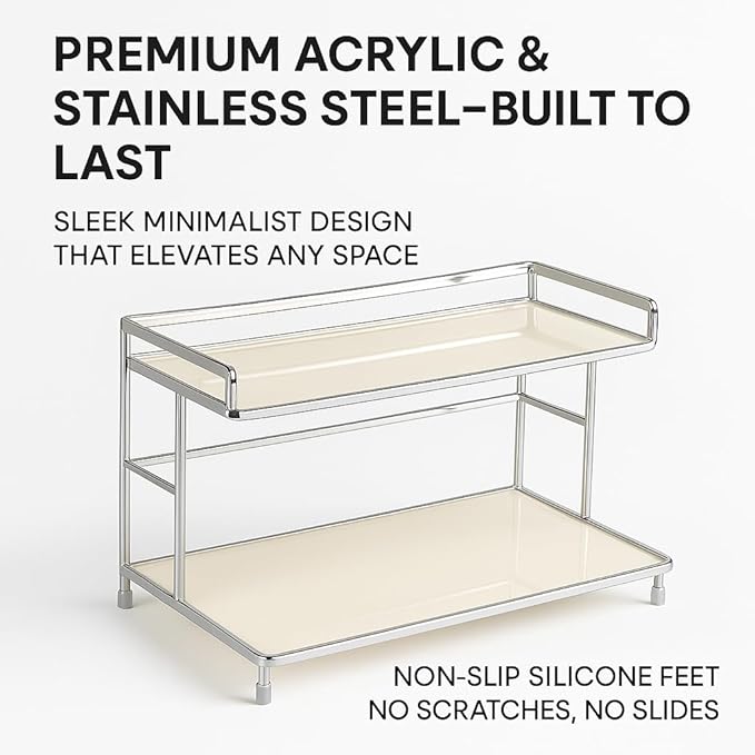 2-Tier Metal Countertop Storage Rack for Perfume, Cosmetics, Makeup, Skincare, and Bathroom Vanity Organizer (Cream)