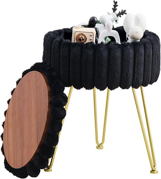 Wimarsbon Vanity Stool with Storage, Faux Fur Ottoman Chair with Metal Legs, Round Makeup Vanity Chair for Bedroom or Dressing Table, Modern Small Ottoman Seat (Black)
