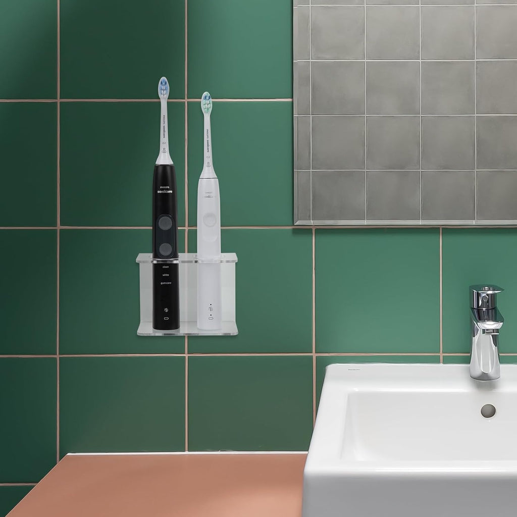 2 Pack Self Adhesive Toothbrush Holders Wall Mounted, 2 Slots Electric Toothbrush Organizer for Shower, Toothbrush Hanger for Bathroom, Medicine Cabinet, Dorm