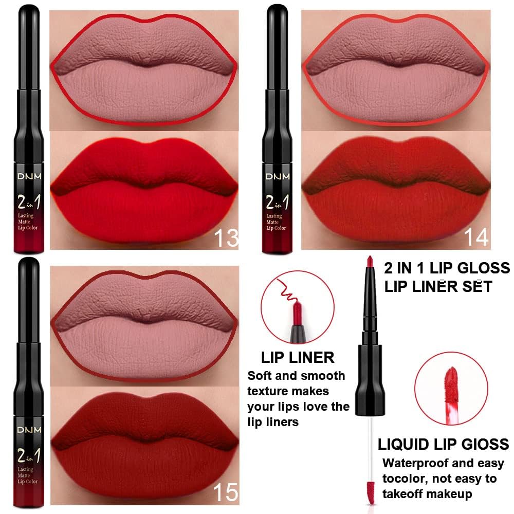 3Pcs 2 in 1 Ruby Bright Dark Red Lip Liner and Liquid Lipstick Stain Makeup Set for women, Long Lasting Smudge Proof Lip Tint Matte Finish Lip Gloss for All-Day Color Hold Easy to Use, Set05