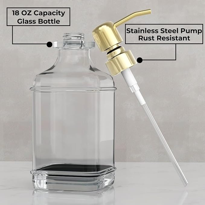 GLADPURE Soap Dispenser - 2 Pack, 18 Oz Antique Design Thick Glass Hand Soap Dispensers; with 304 Rust Proof Stainless Steel Pump, 6Pcs Clear Stickers, for Kitchen, Bathroom - Gold