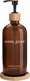 Amber Glass Hand Soap Dispenser Bathroom Set by Brighter Barns - Hand Soap Dispenser for Kitchen Sink & Bathroom - Bamboo Glass Bottle with Tray - Modern Home Decor for Spa, RV, Fitness Center (Amber)