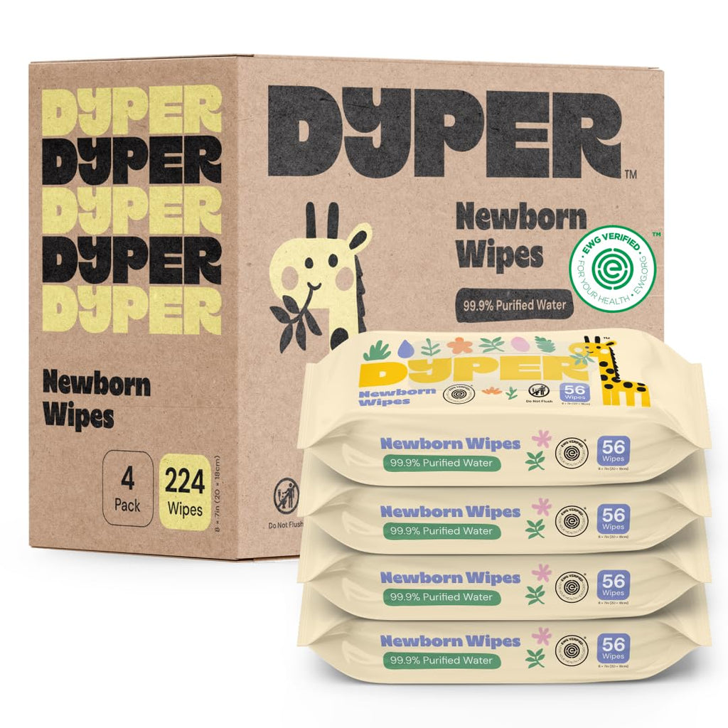DYPER 99.9% Water-Based Baby Wipes, Hypoallergenic & Unscented Baby Wipes, Made from Plant-Based Material, Gentle for Sensitive Skin, Plastic-Free Wet Wipes, Pack of 4 (224 Count)