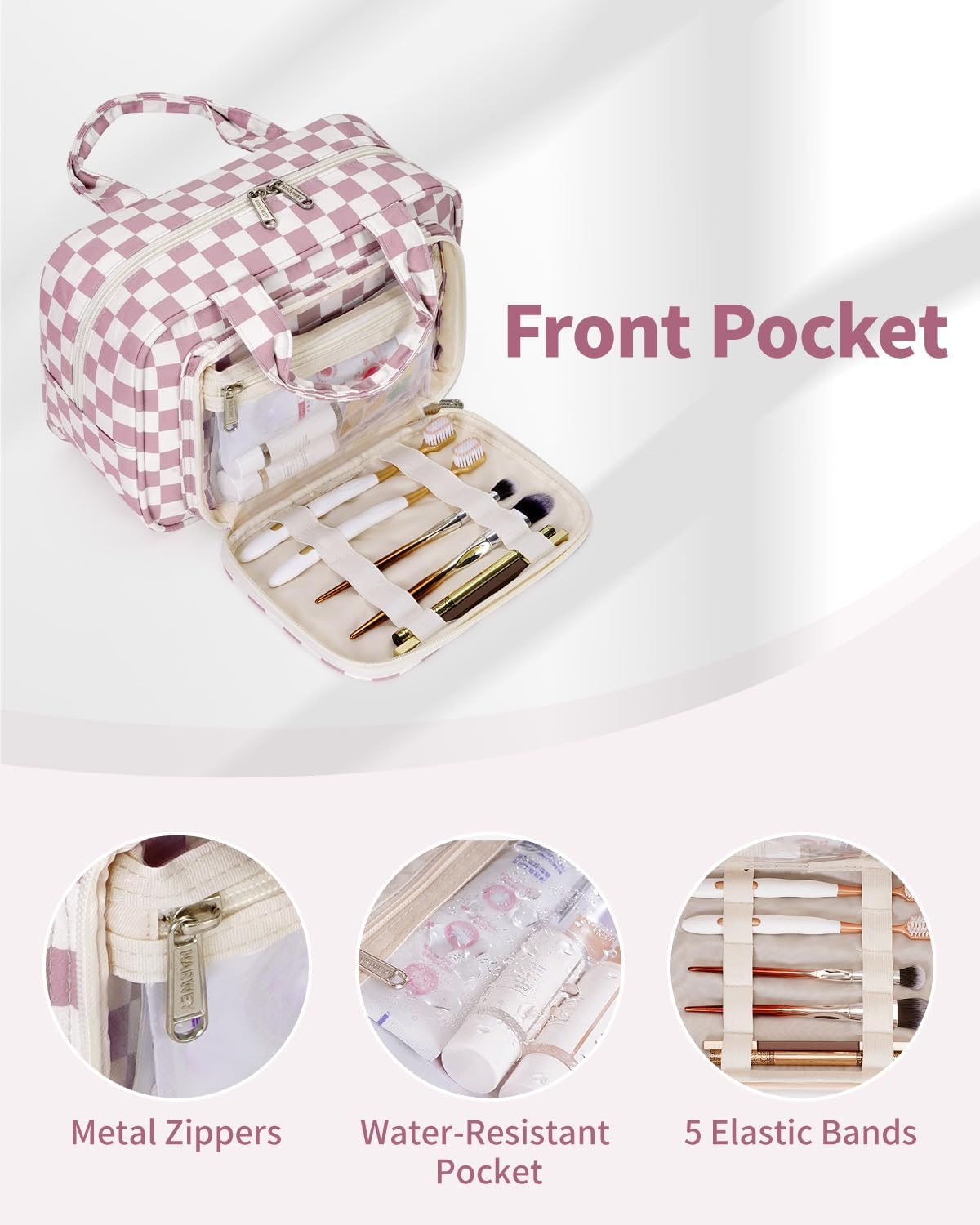 Narwey Large Travel Toiletry Bag for Traveling Women, Cosmetic Makeup Bag Make Up Organizer, Checkered Travel Bag for Toiletries with Handle (Dusty Rose Checkerboard)