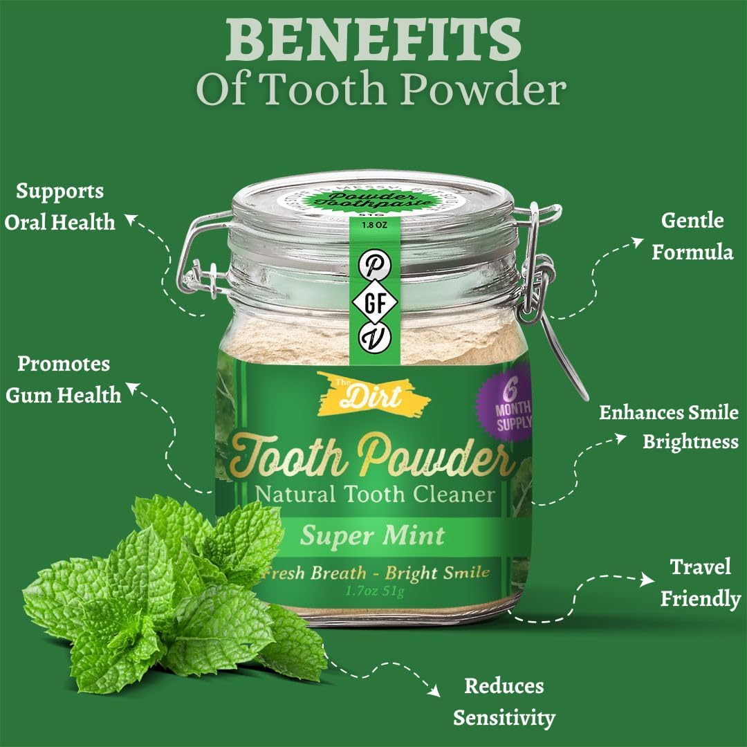 The Dirt - Remineralizing Tooth Powder, Natural Fluoride-Free Teeth Whitening Powder with Hydroxyapatite, Flouride & Gluten Free, Organic Vegan (Super Mint, 51g: 6 Month Supply)