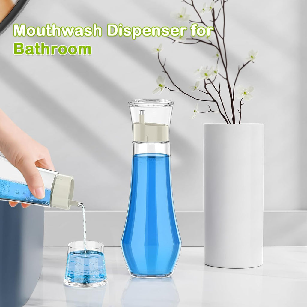 Glass Mouthwash Dispenser for Bathroom, 8.8 oz Refillable Mouthwash Container With Lid Cup, Small Clear Mouthwash Bottle for Countertop