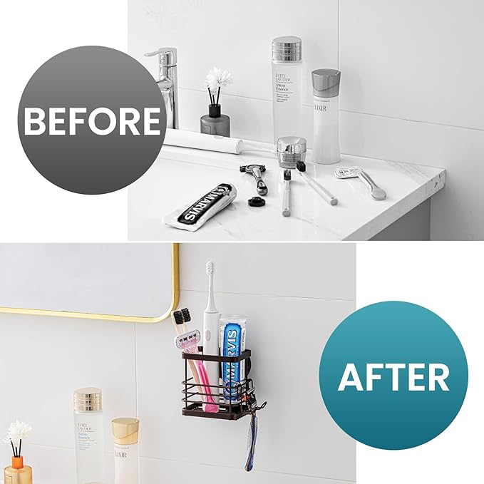 TAILI Patented Suction Cup Toothbrush Holder, Stainless Steel Anti-Puddling Toothbrush Shower Holder, No Drilling Removable Organizer for Bathroom Toothpaste, Razor, Kitchen and Office Items, Brown