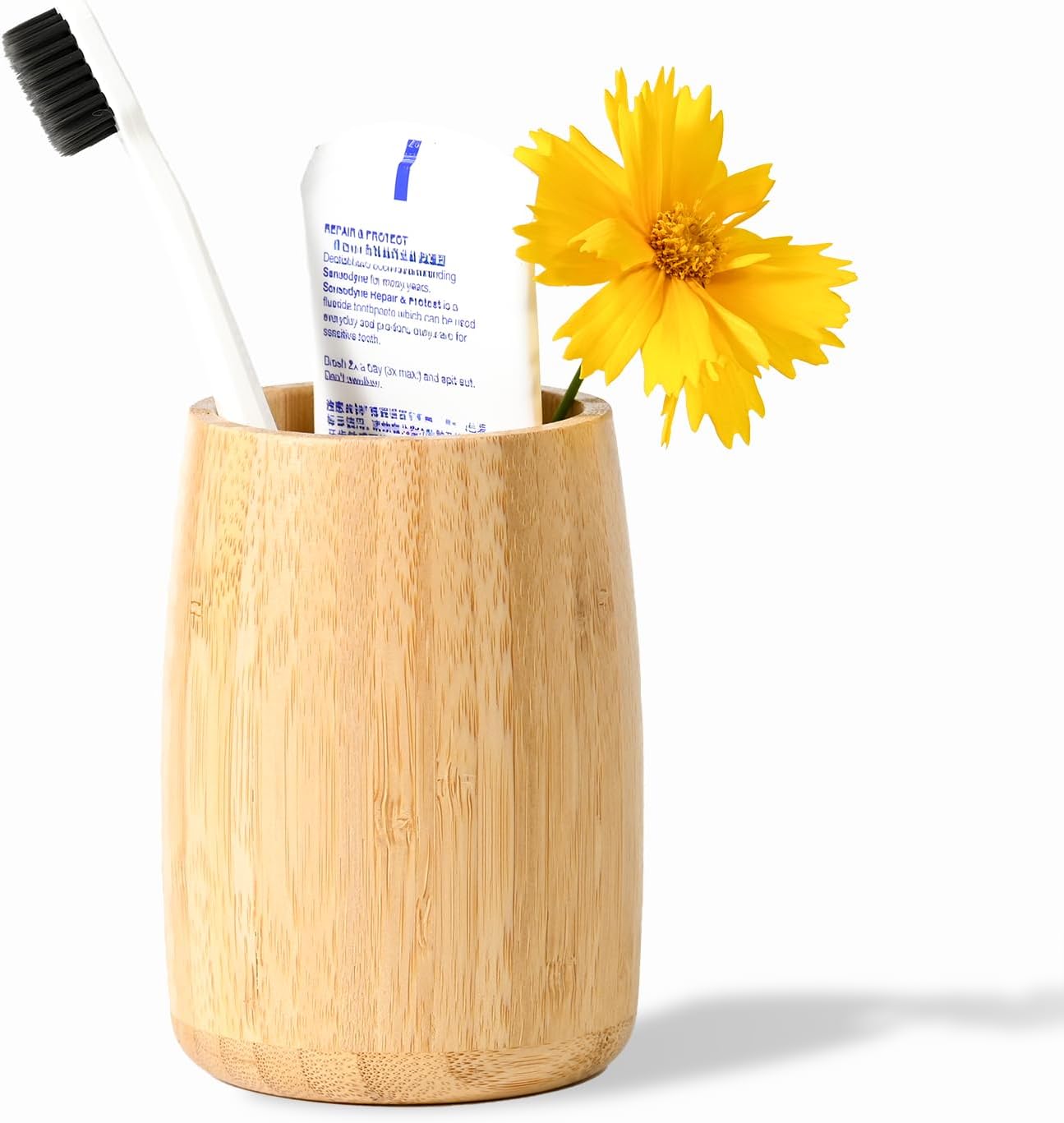Natural Bamboo Toothbrush Holder, Simple Minimal Cylindrical Tumbler for Bathroom Countertop, Unbreakable Makeup Brush or Pen Organizer, Desktop Accessory
