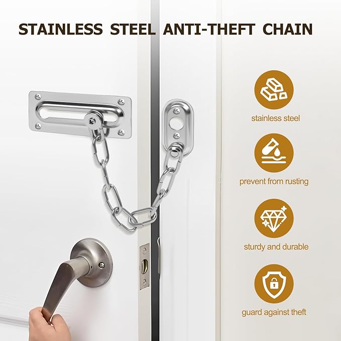 2 Pack Door Chain Lock, Heavy Duty Stainless Steel Locks for Inside Door, Durable and Rust-Proof, Child and Pet Safety Lock for Bedroom, Apartment, Hotel