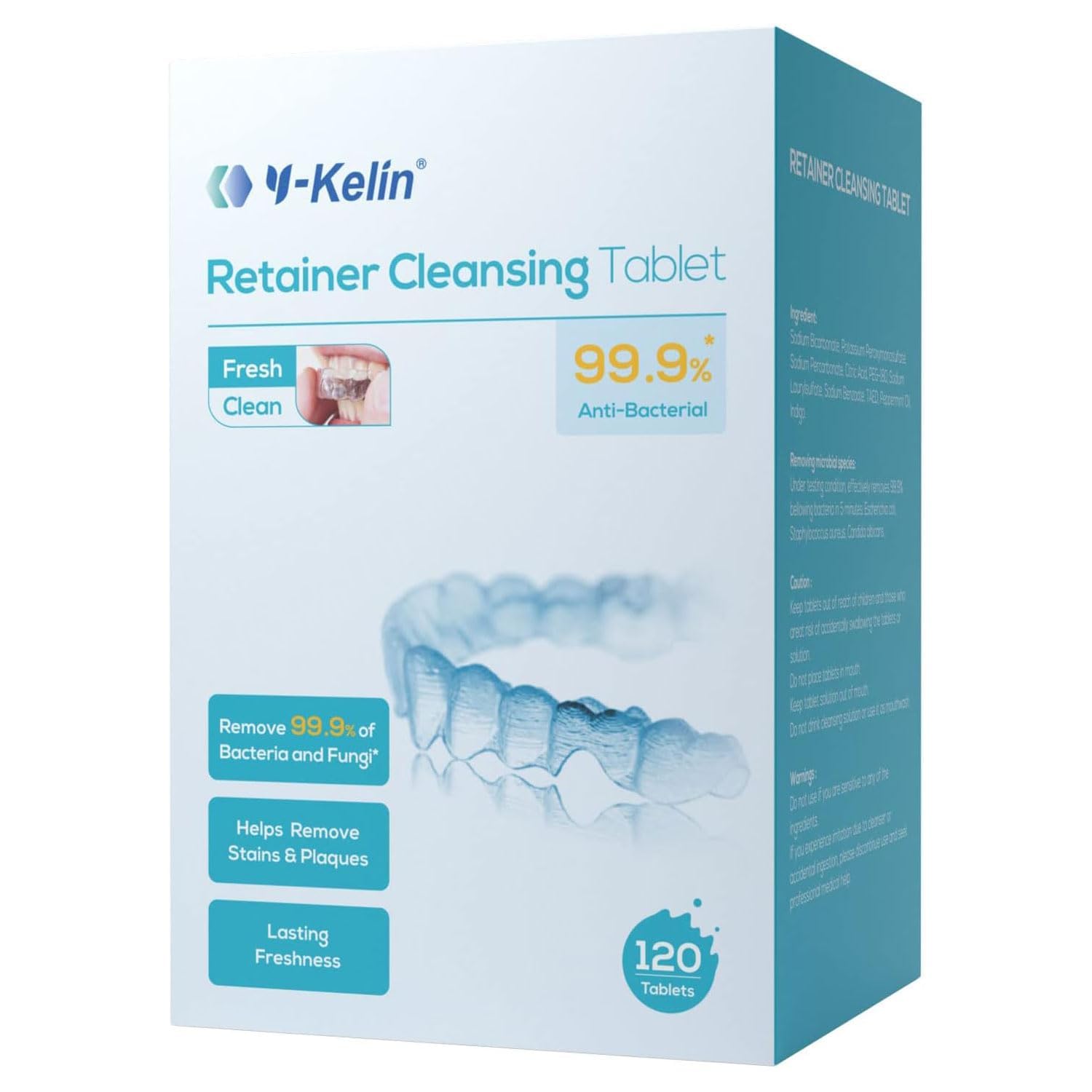 Y-Kelin Retainer and Denture Cleaner 120 Tablets for 4 Months Removes Stains Plaque Odors for Dentures Retainers Mouth Guard and Removable Dental Appliances (120 PCS, Mint)