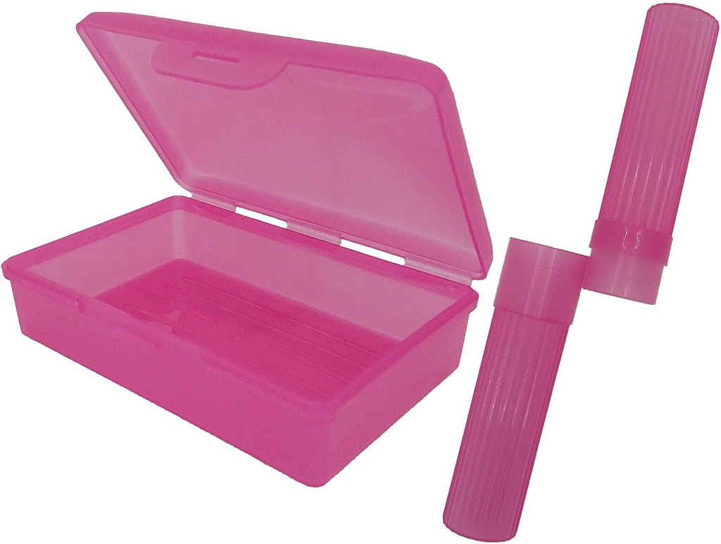 Pink Toothbrush Covers & Soap Box Set - Matching Colors - Tooth Brush Cover Cap, Soap Dish Travel, Soap Dish Holder Travel - Plastic Portable Set with Cover