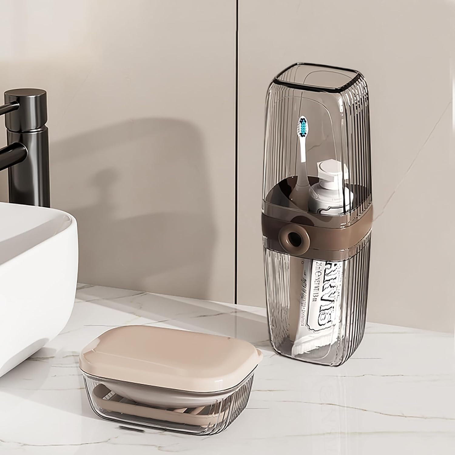 2Pcs Toothbrush Travel Case & Travel Soap Holder Dish Tray, Portable Clear Toothbrush Holders with Cover Leakproof Bar Soap Holder for Traveling School Camping Business Trip Bathroom