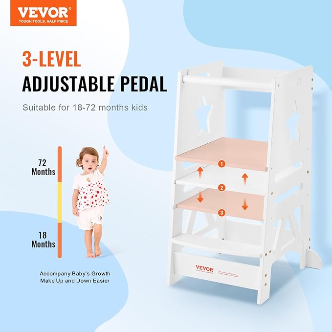 VEVOR Tower Step Stool, 3-Level Height Adjustable Toddler Step Stools for Kids, Bamboo Kitchen Stool, Standing Tower Learning Stool with Safety Rail for Kitchen Counter Bathroom, 350LBS, White