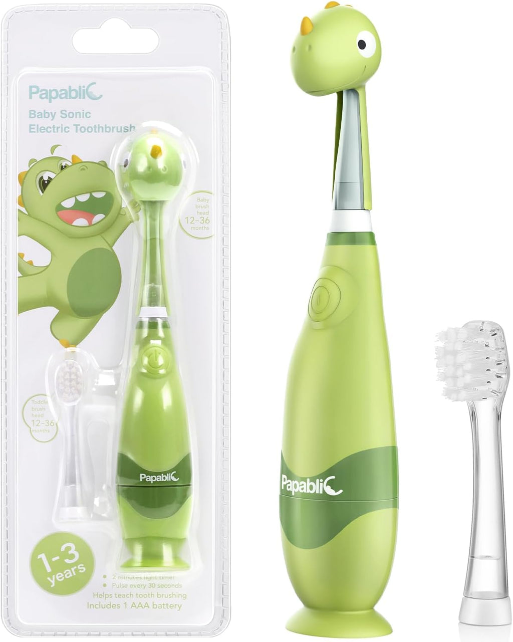 Papablic Toddler Sonic Electric Toothbrush Kids for Ages 1-3 Years, Baby Electric Toothbrush with Cute Dino Cover and Smart LED Timer, 2 Brush Heads (Max)