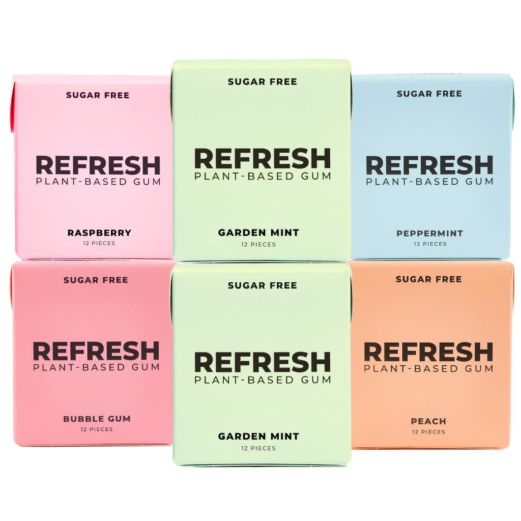 Refresh Gum, Xylitol, Natural, Sugar Free, Plastic Free, Organic Ingredients, Non GMO, Peppermint, Garden Mint, Bubble Gum, Peach & Raspberry Variety Pack, 12 Pcs, 6 Pack