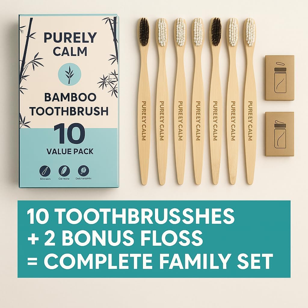 Bamboo Toothbrushes Set – 10-Pack (8 Standard + 2 Charcoal Bristle) – 2 Dental Floss as a Bonus - Eco-Friendly, Biodegradable Soft Bristle Toothbrush, Wooden Toothbrush for Adults & Kids