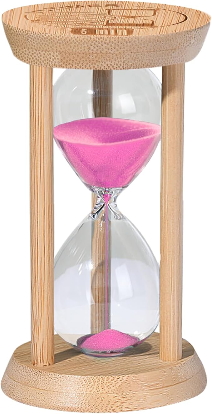 Wooden Sand Timers 5 Minute Hourglass,Stunning Glass Bamboo Mini Pink Sand Clock for Productivity, Meditation & Decor, 5 Min Small Reloj De Arena for Kitchen, Office, Yoga, Game, Classroom
