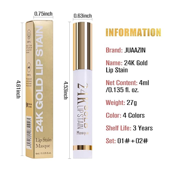 2Pcs 2025 New 24K Gold Liquid Lip Gloss Peel Off Lip Stain Tattoo with Tweezer, Lips Stain Peel Off Masque, Long Lasting Waterproof Lip Tint Stain, Transfer-proof for All Skin Types 01#+02#